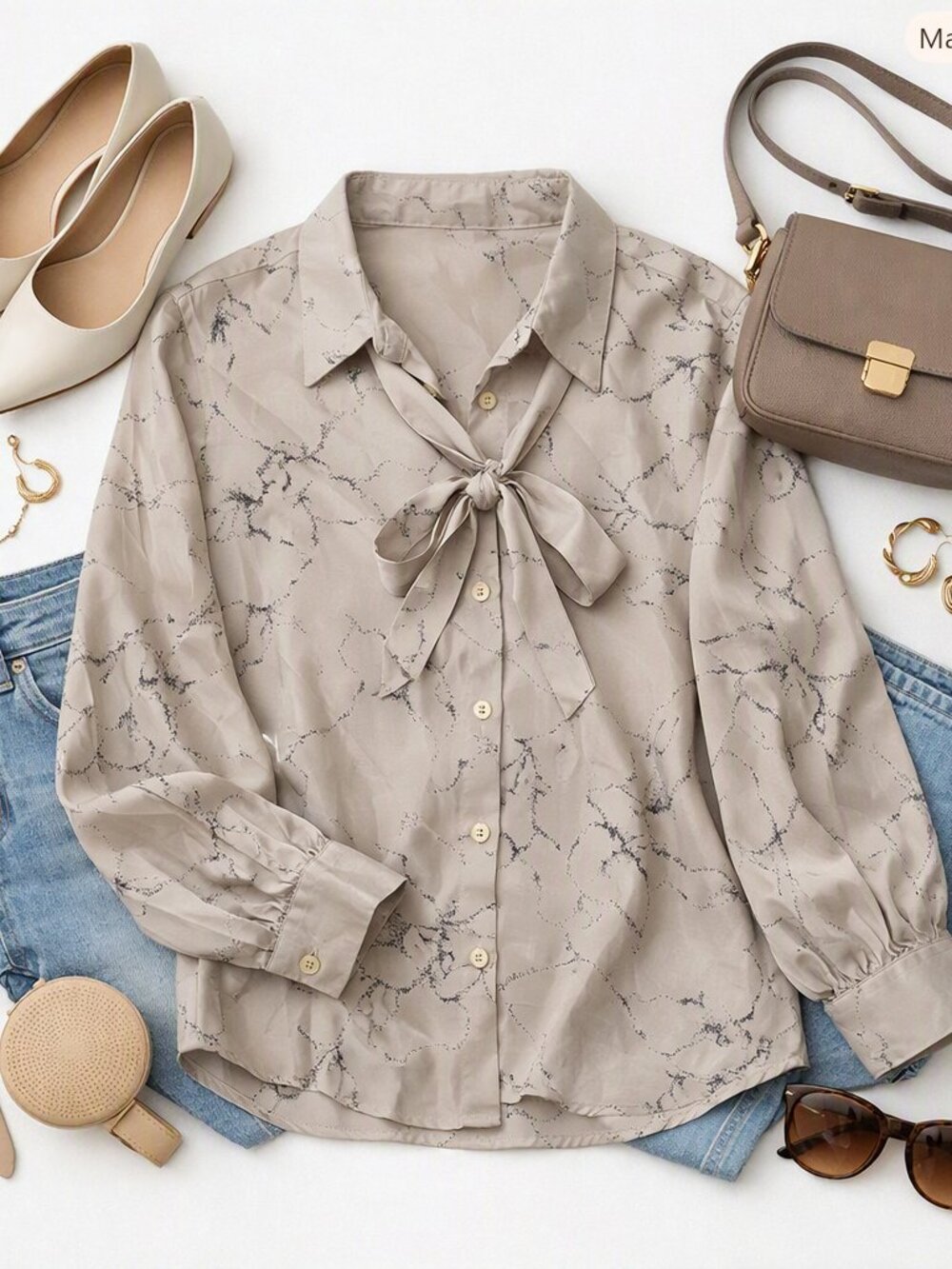 Beige Floral Satin Button‑Down Blouse